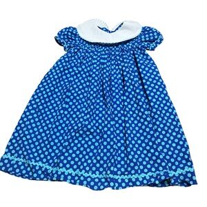 Vintage Banana Split Girls Blue Polka Dot Dress White Collar Size 6 100% Cotton